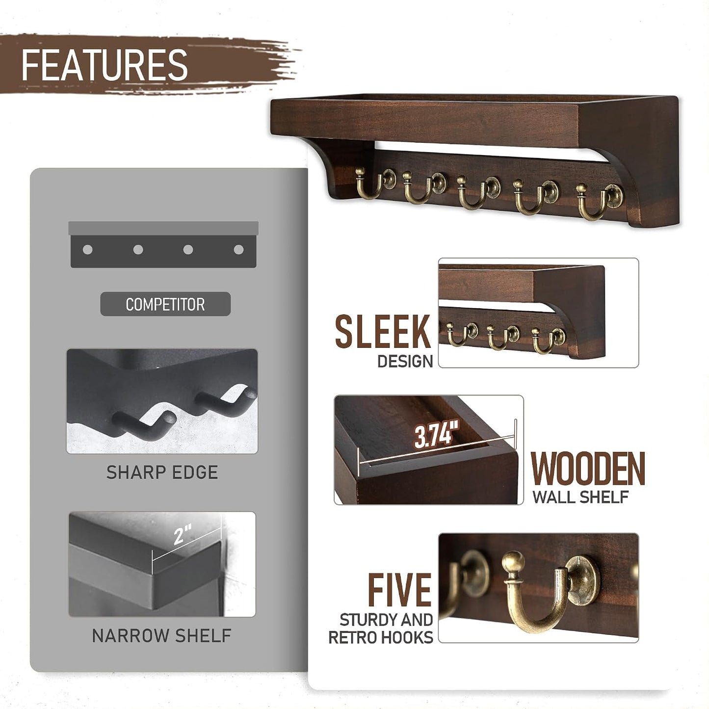 Rebee Vision Key Holder Wall Mount with 5 Hooks for Entryway, Retro Brown | Display Shelf for Plant & Letters, Key Shelf for Hats, Dog Leashes, Mail Organizer, Decorative Entryway & Living Room