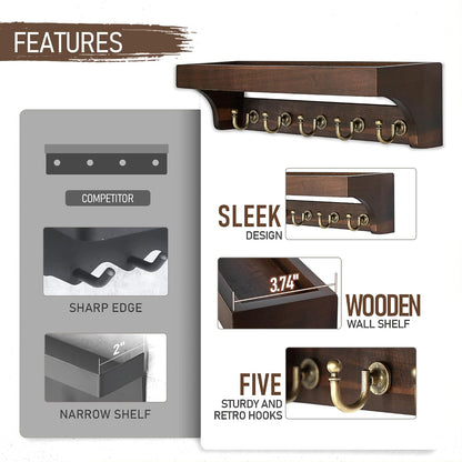 Rebee Vision Key Holder Wall Mount with 5 Hooks for Entryway, Retro Brown | Display Shelf for Plant & Letters, Key Shelf for Hats, Dog Leashes, Mail Organizer, Decorative Entryway & Living Room