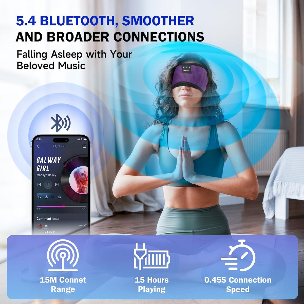 TOPOINT Sleep Mask with Bluetooth Headphones, 3D Eye Mask for Sleep Headphones with White Noise, Total Blackout, 5.4 Bluetooth, Timer, 15 Hours for Women Men, Travel, Meditation, Nap, CPAP Users