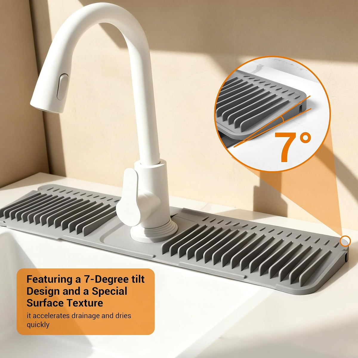 ZJWZLG Faucet Mat for Kitchen Sink, 14"X5.5" Silicone Sink Splash Guard , Snap-On Design & 7°slope Fast Drain, Folding Sink Faucet Mat for Universal Kitchen Bathroom Sink(Grey)