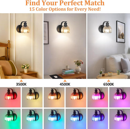 Rechargeable Battery Operated Wall Sconce Set of Two with Green Glass Lampshade, Wireless Battery Powered Wall Lamp with Remote Control, 15 Colors Gold Wall Light for Bedside Hallway Bedroom Doorway