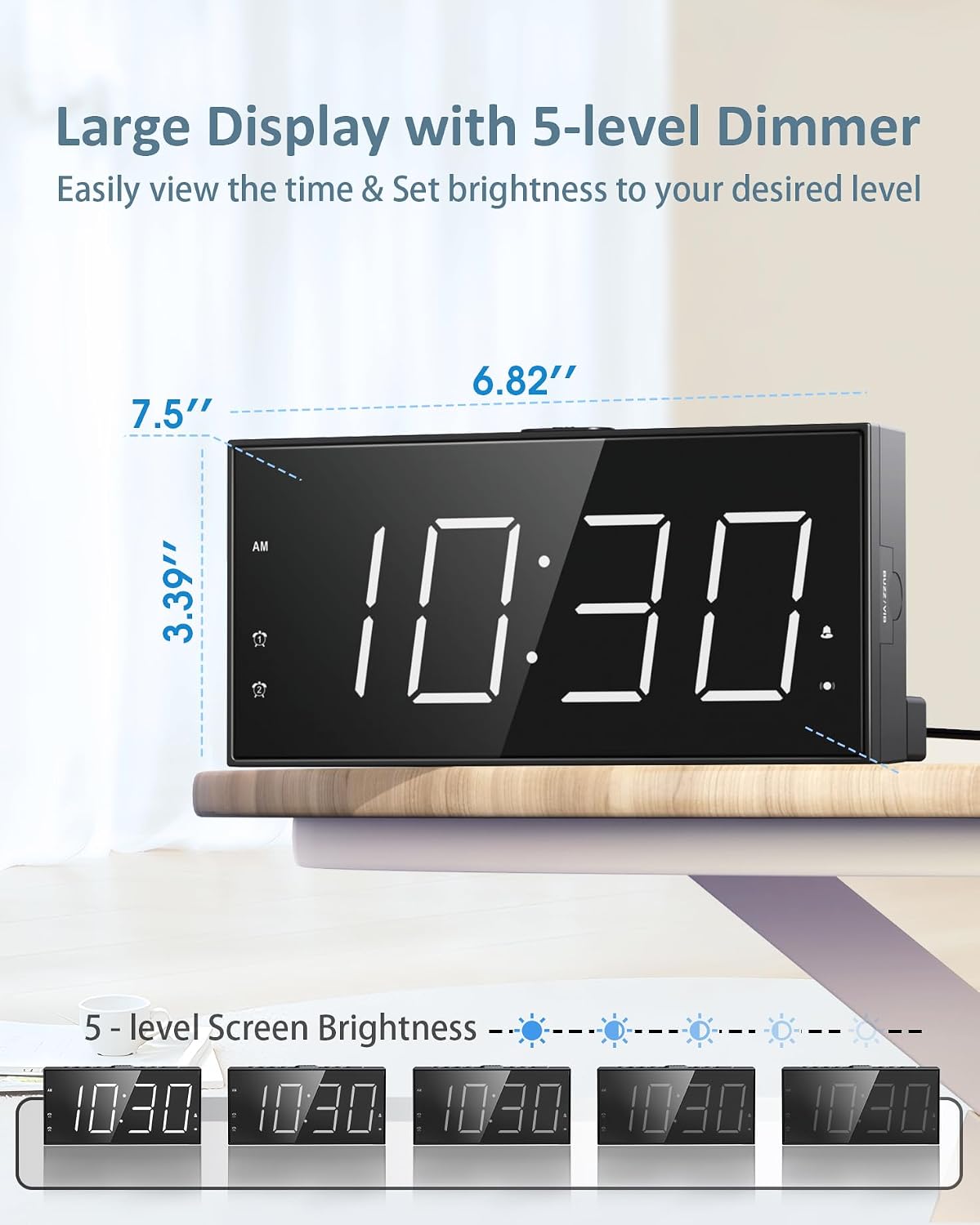 Roxicosly Alarm Clock with Bed Shaker, Vibrating Alarm Clock for Heavy Sleepers/Hard of Hearing/Deaf,Dual Alarms, 7.5’’ Large LED Display, Dimmer, USB Charging Port, Plug-in with Memory Function