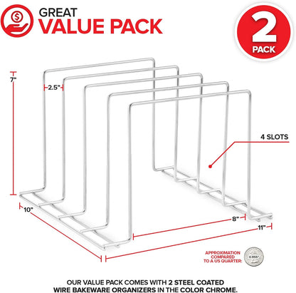 Stock Your Home Kitchen Cabinet Organizer, White (2 Pack) Steel Baking Sheet Holder with 4 Slots for Cabinet, Bakeware Organizer, Divider for Cutting Boards, Pot Lids, Pan Lids, Cookie Sheets