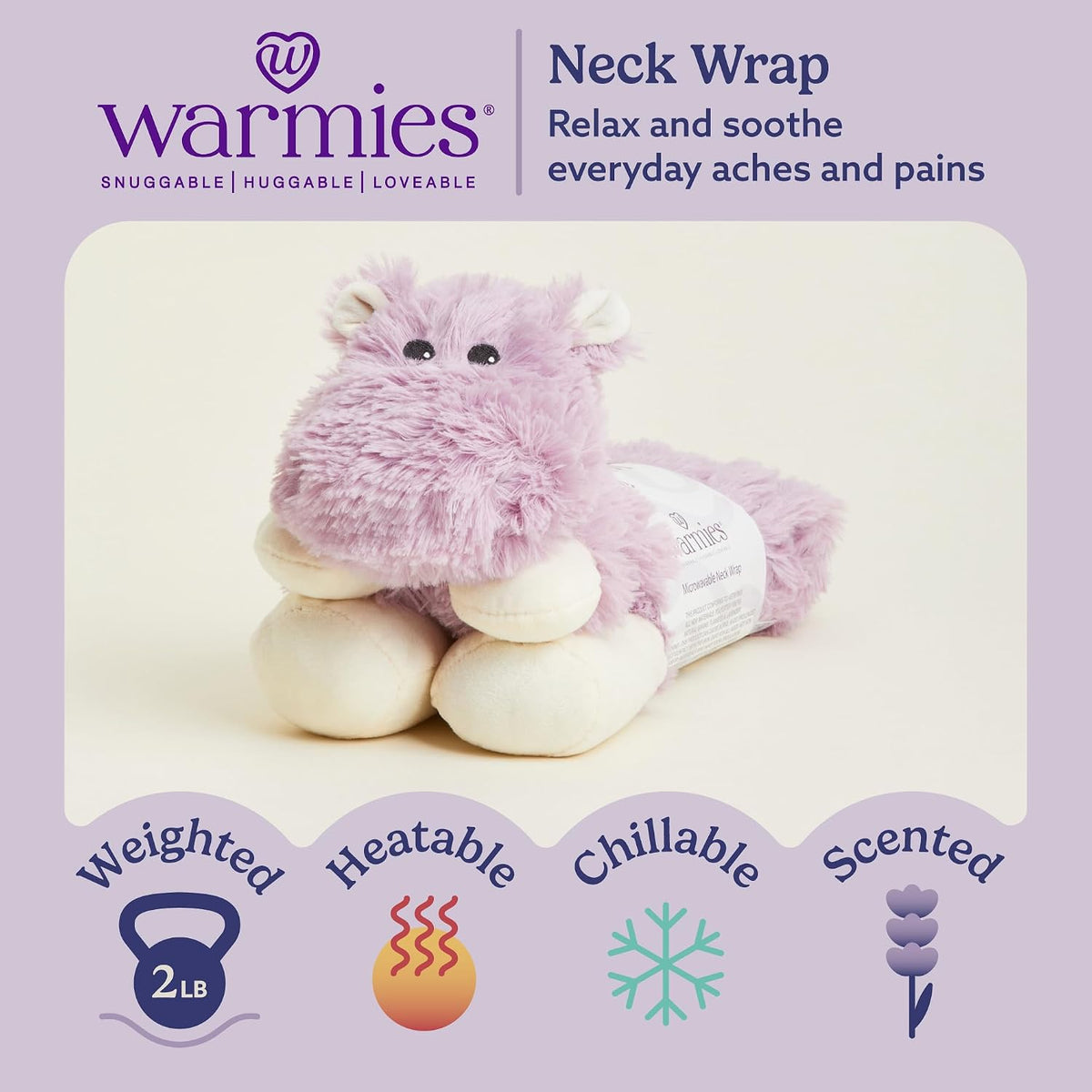 warmies Microwavable Neck & Shoulder Wrap - Heating & Cooling Plush Pad for Calming Relaxation - Weighted & Heated Neck Warmer with Scented Lavender - Microwave Heat Pad for Aches & Pain - Hippo