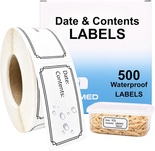 Pantry Labels for Containers, Waterproof Date & Contents Food Labels, 1" x 2" (25.4 x 50.8mm), 500/Roll, Writable