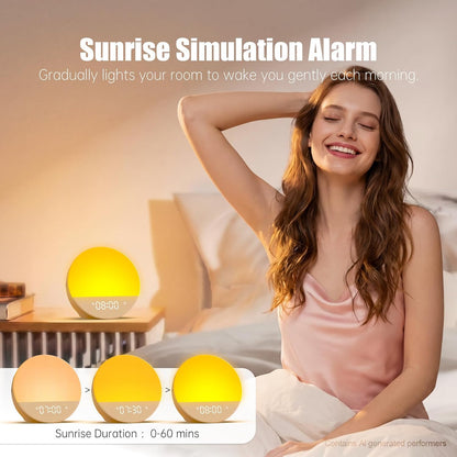 Alarm Clock Sound Machine Sleeping, Sunrise Digital Alarm Clocks Bedrooms, Loud Bluetooth Speaker Alarms Clock 23 White Noise Dual Alarms Snooze 12/24H Night Lights Timer USB Charging Dimmer, White
