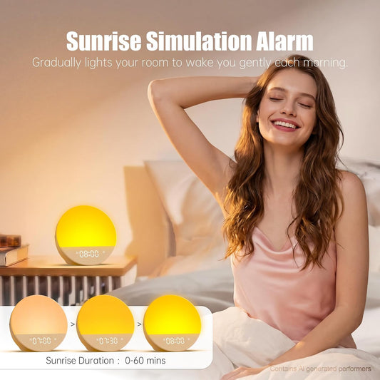 Alarm Clock Sound Machine Sleeping, Sunrise Digital Alarm Clocks Bedrooms, Loud Bluetooth Speaker Alarms Clock 23 White Noise Dual Alarms Snooze 12/24H Night Lights Timer USB Charging Dimmer, White