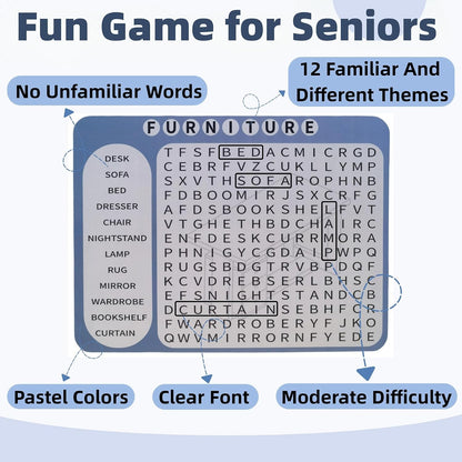 12 or 36 Pcs Reusable Word Search Cards for Dementia Game-Dementia Activities for Seniors with Alzheimer's-Elderly Alzheimer's Toys-Large Print Word Search Books (12 Reusable Word Search Card)