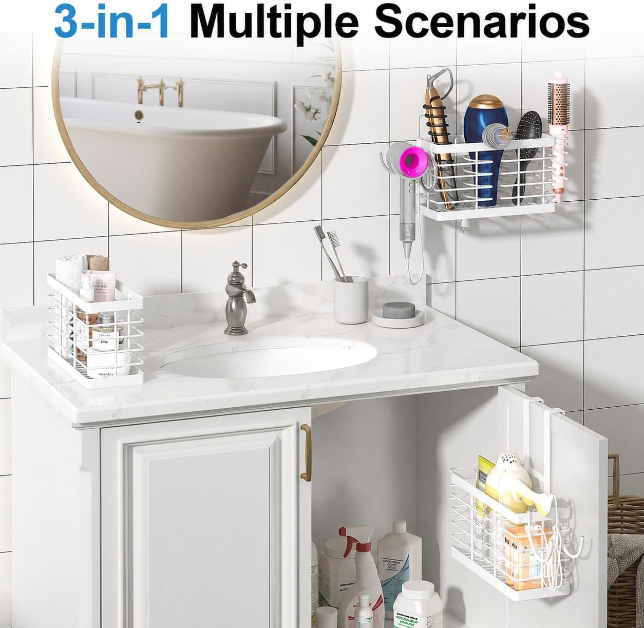 2026 Upgraded 3-in-1 Universal Hair Tool Organizer, XL Size, Black | Adjustable Height Metal Hair Dryer Holder, Wall Mounted, Over Cabinet Door, Countertop, Bathroom Storage