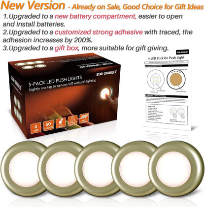 STAR-SPANGLED 2.8” LED Puck Lights Under Cabinet AAA Battery, 5 Pack White | Mini Touch Lamp Battery Operated Powered, DIY Strong Adhesive Stick on Push Tap Light for Kitchen, Closet, Pantry, Shelf