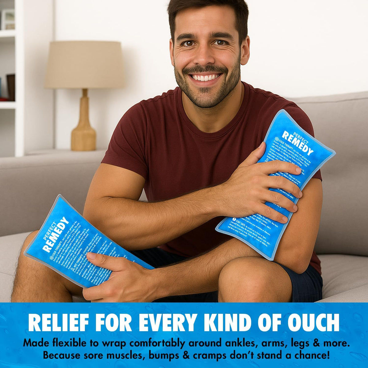 Perfect Remedy Gel Ice Packs for Injuries with Strap Cover, Flexible Hot Cold Compress, Soothing Soft Ice Packs for aid in Injuries Conditions, Alternative to Hot Water Bottles (Blue, Regular)