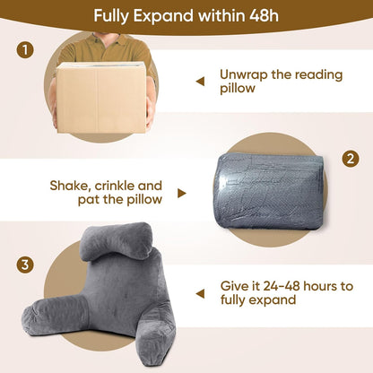 OAISZ Reading Pillow for Sitting in Bed with Shredded Memory Foam, Grey | 19-Inch Back Pillow for Sitting Up in Bed, Extended Arms, Side Pockets, Supportive Adjustable Pillow Removable Washable Cover