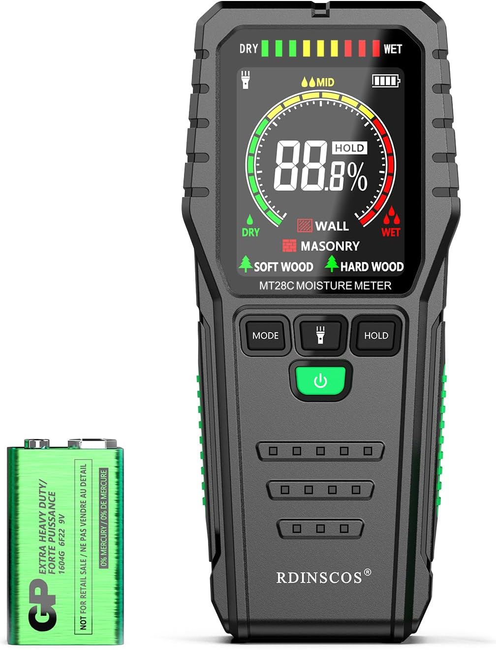 Pinless Moisture Meter for Wall,Floor – Digital Moisture Tester | With 3-Color LCD Display, Audible Alarm & HOLD Function, Ideal for Home Inspections