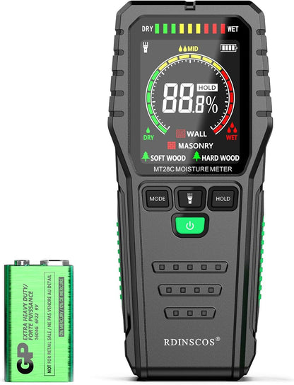 Pinless Moisture Meter for Wall,Floor – Digital Moisture Tester | With 3-Color LCD Display, Audible Alarm & HOLD Function, Ideal for Home Inspections
