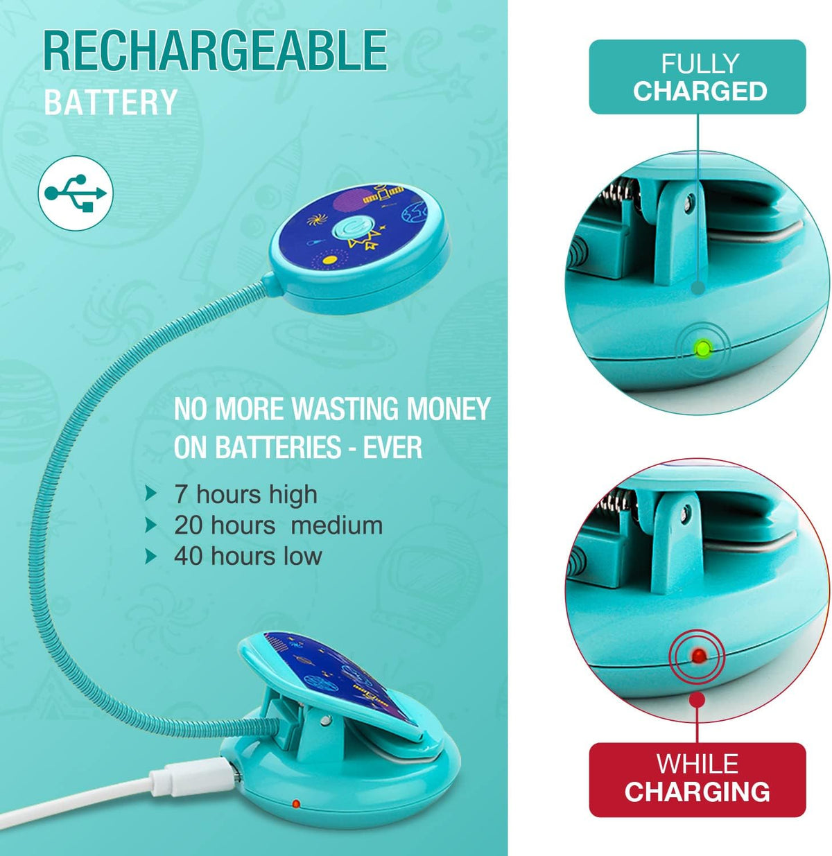 Vekkia Cute Rechargeable Book Light Eye-Care Clip on Lights (Rose Red)