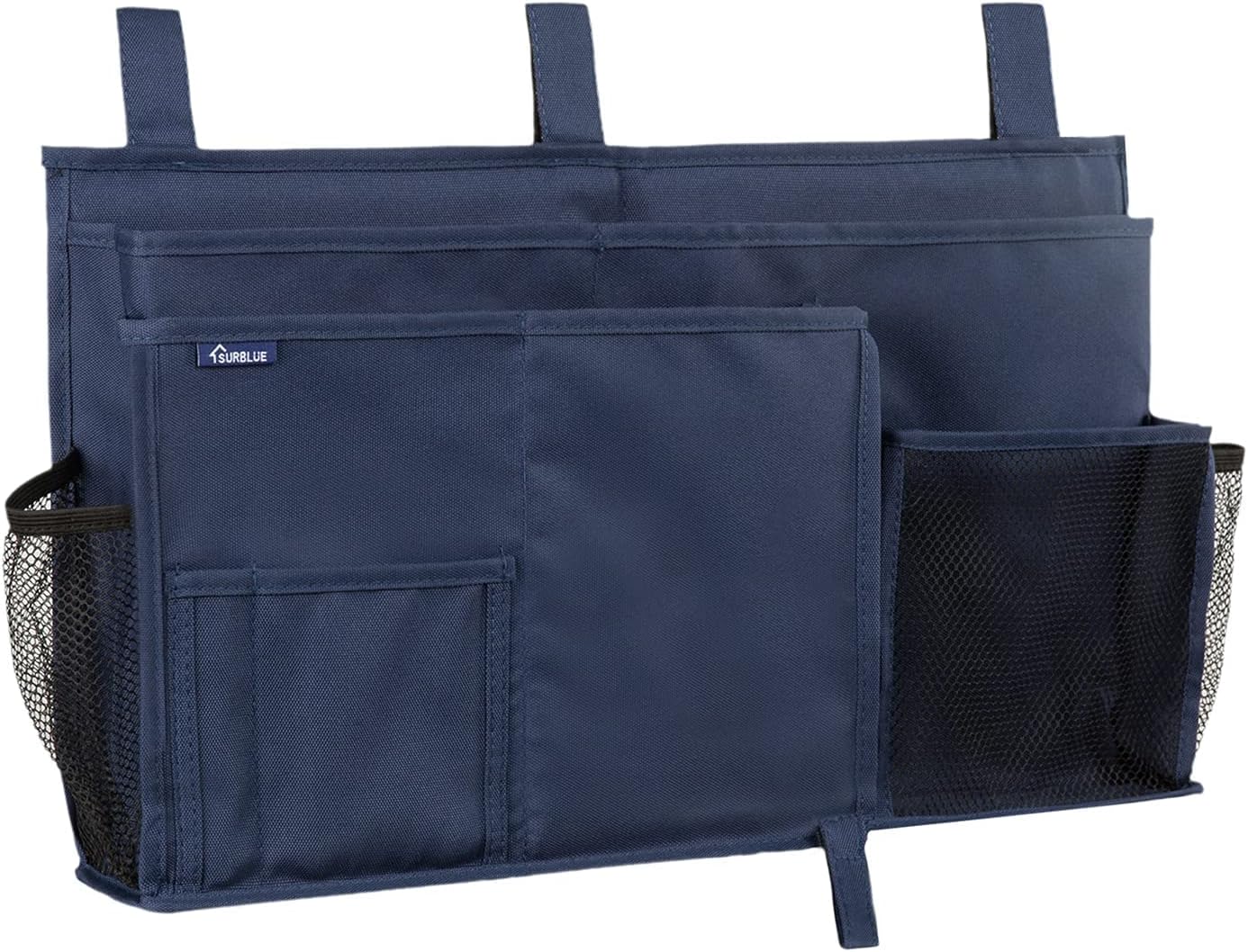Surblue Bedside Caddy Hanging Organizer Storage Bag Pocket for Bunk, Hospital, College Dorm Rooms, Baby Bed Rails, Camp - 4 Pockets, 2 Hooks (Blue)
