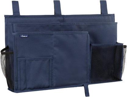 Surblue Bedside Caddy Hanging Organizer Storage Bag Pocket for Bunk, Hospital, College Dorm Rooms, Baby Bed Rails, Camp - 4 Pockets, 2 Hooks (Blue)