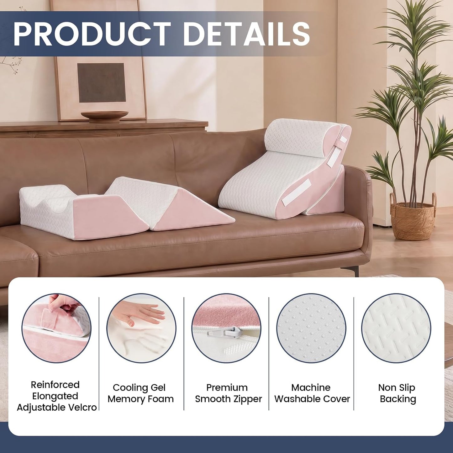 5PCS Wedge Pillow Set for After Surgery, Adjustable Orthopedic Foam Bed Wedge Pillow for Acid Reflux, GERD & Heartburn Relief, Back & Leg Elevation Support for Sleeping & Sitting Up, White Grey
