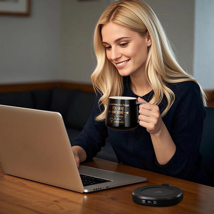 Coffee Mug Warmer & Pure Black Mug Set, Electric Cup Warmer for Desk | Beverage Warmer Plate for Coffee,Tea,4 Temperature Setting,8-Hours Auto Shut Off,14oz Mug with Spoon & Bamboo Lid Included