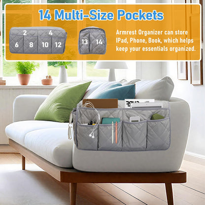 Armchair Caddy, Remote Control Holder for Recliners, Sofa Armrest Organizer, Non Slip Recliner Organizer, Couch Caddy with 14 Pockets Storage for TV Remote, Phone, Magazine (Brown)