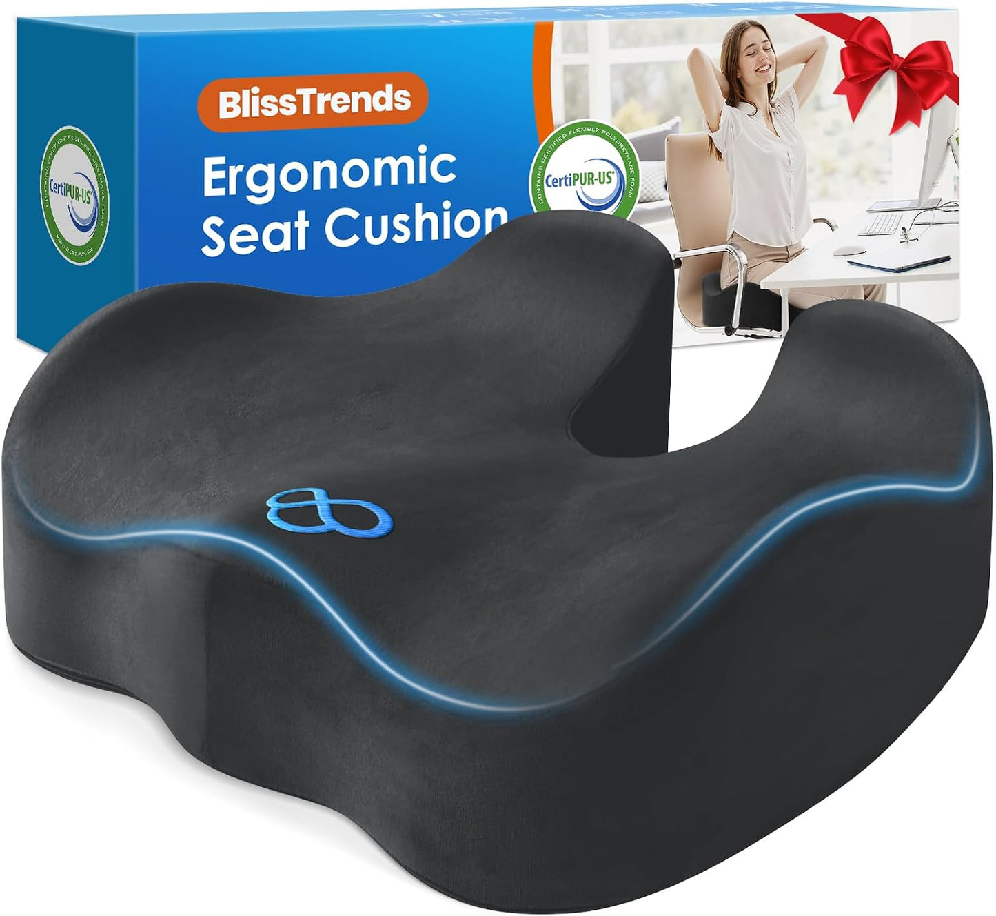 BlissTrends Memory Foam Seat Cushion for Office Chair & Car Seat, Black | 4.7in Ergonomic Tailbone & Sciatica Support with Removable Velvet Cover for Pressure Relief and Long Sitting Comfort