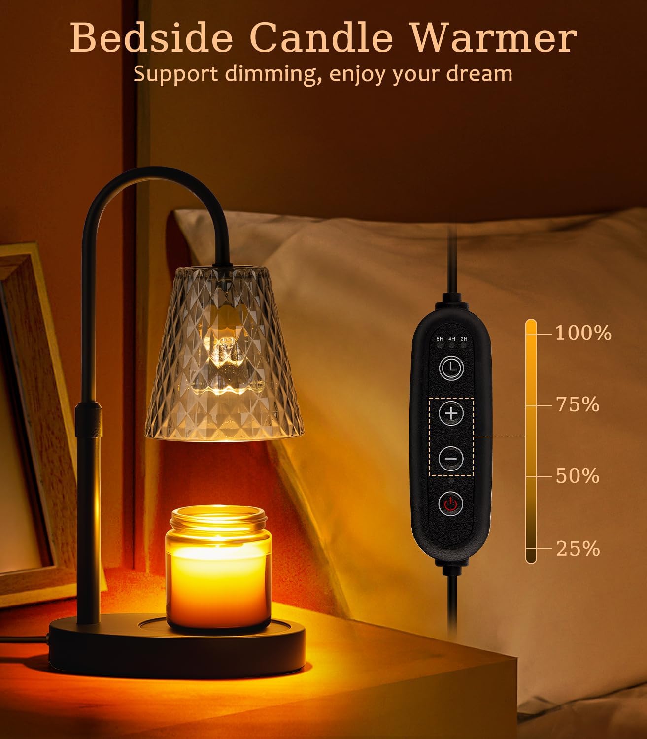 Candle Warmer Lamp with Timer - Electric Candles Wax Warmers Glass Lamps for Jar Candles Burner Adjustable Height and Dimmable Light Modern No Flame Scented Candle Warming Lantern, Amber