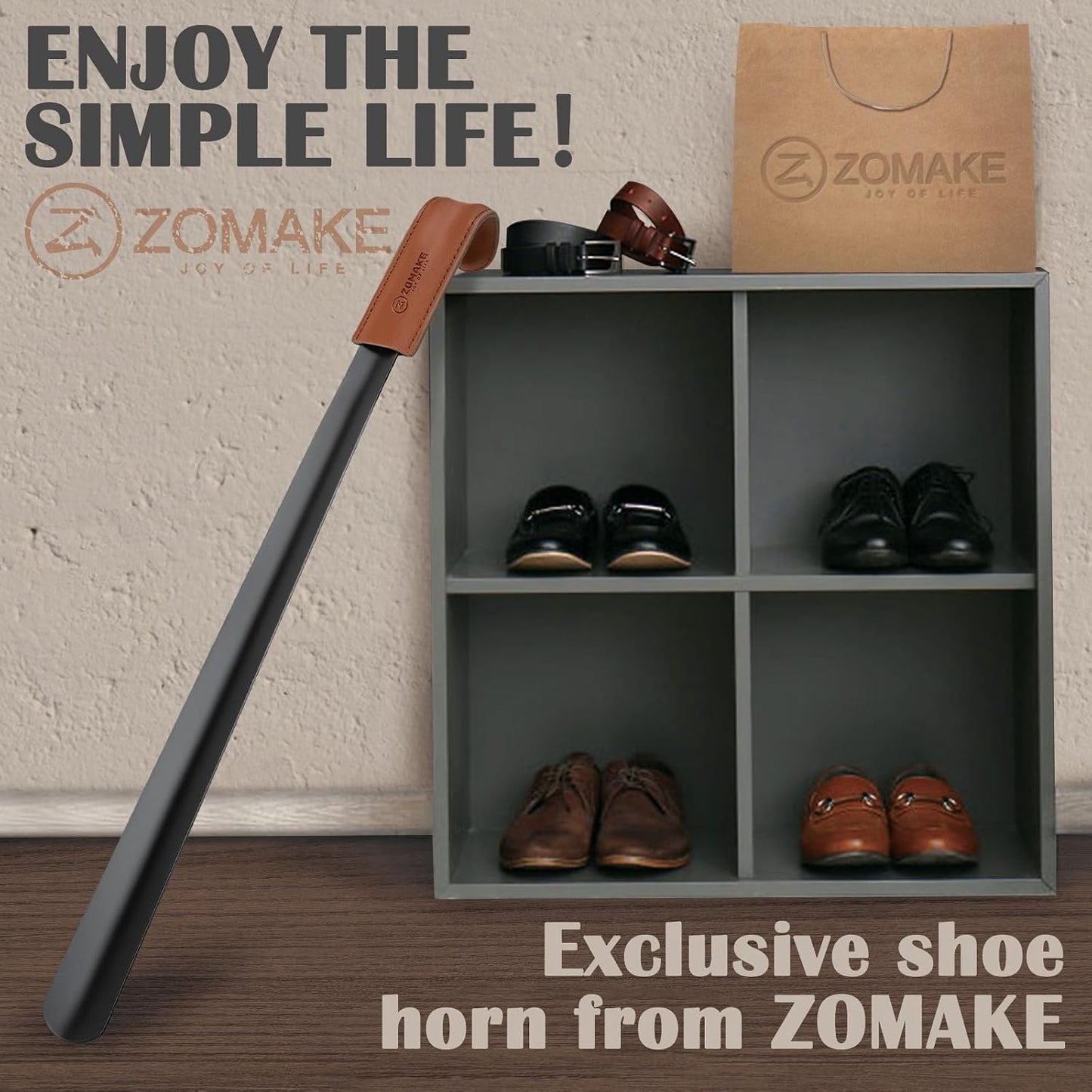 ZOMAKE Shoe Horn Long Handle for Seniors Men Women, Metal Shoehorn 2Pack | 16.5" Long Boot Horn, Travel Small Shoe Spoon Helper 7.5", Sturdy Stainless Steel, Anti-Slip Leather Grip, Shoe Protection