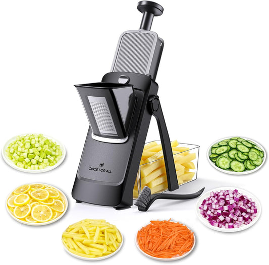 ONCE FOR ALL Safe Mandoline Slicer Plus, Bigger Size, Potato Slicer, Black | 0.1-8mm Adjustable Vegetable Food Chopper, Kitchen Mandoline Slicer Stainless Steel, Detachable Blade, Dishwasher-safe, Gift