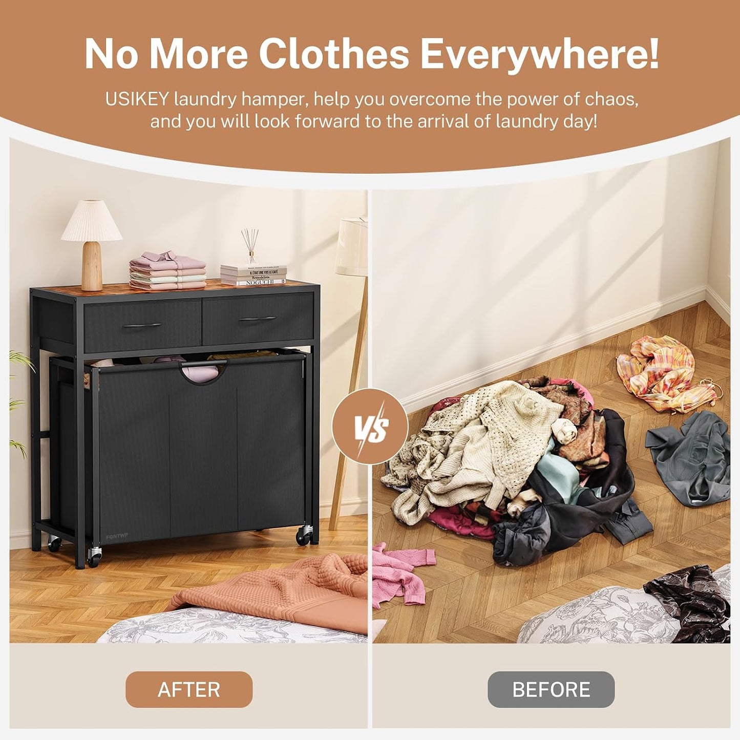 Laundry Sorter, Rolling Laundry Hamper with 3 Section Pull-Out Bags, Laundry Basket Organizer with 2 Drawers & 2-Tone Top Panel, Laundry Hamper with Wheels for Laundry Room Organization, Bathroom
