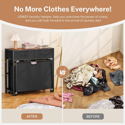Laundry Sorter, Rolling Laundry Hamper with 3 Section Pull-Out Bags, Laundry Basket Organizer with 2 Drawers & 2-Tone Top Panel, Laundry Hamper with Wheels for Laundry Room Organization, Bathroom