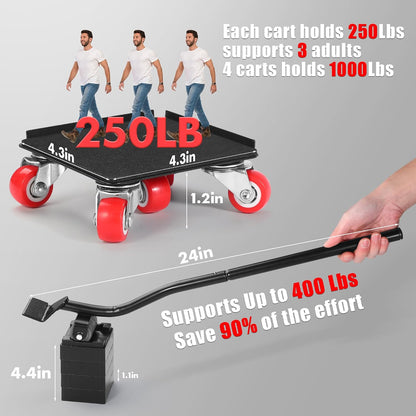 Furniture Movers with Wheels, Upgraded Guardrails for No Slips, Heavy Duty Furniture Dolly, Furniture Sliders with Wheels, Furniture Lifter Tool Included (Orange, 6.3" × 6.3" Pro)