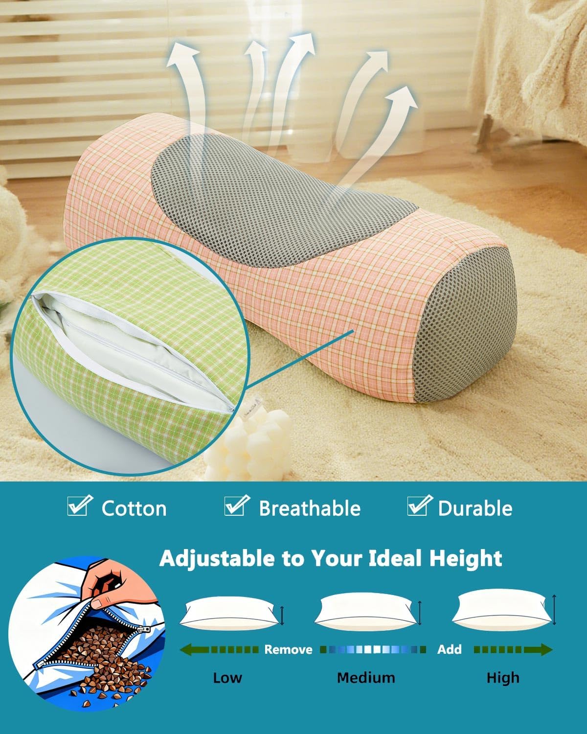 Buckwheat Cervical Neck Roll Pillow,17.7"x5.9" Firm Support Neck Bolster with Washable Cover, Adjustable Hard Cylinder Round Pillow with Buckwheat Hulls, for Office Lunch Breaks Sleeping,Pink