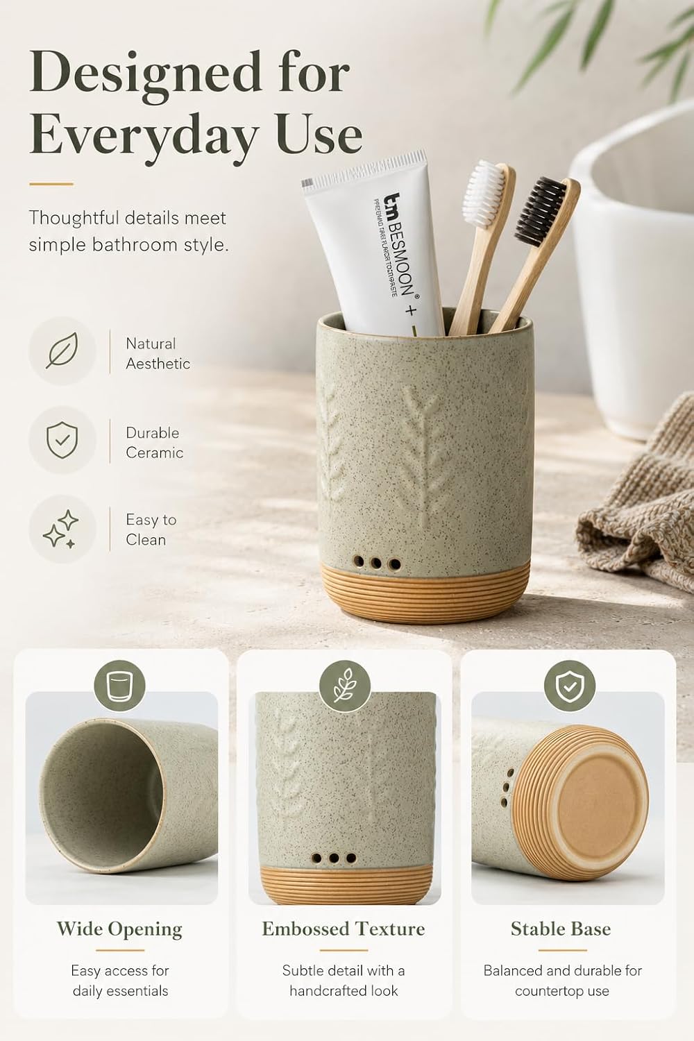 LYEOBOH Ceramic Toothbrush Cup, Cute Toothbrush Holder with Drainage White | Farmhouse Toothbrush Container, Countertop Toothbrush Organizer, Toothbrush Storage for Bathroom Vanity & Countertop