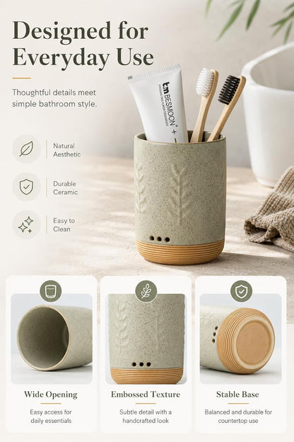 LYEOBOH Ceramic Toothbrush Cup, Cute Toothbrush Holder with Drainage White | Farmhouse Toothbrush Container, Countertop Toothbrush Organizer, Toothbrush Storage for Bathroom Vanity & Countertop