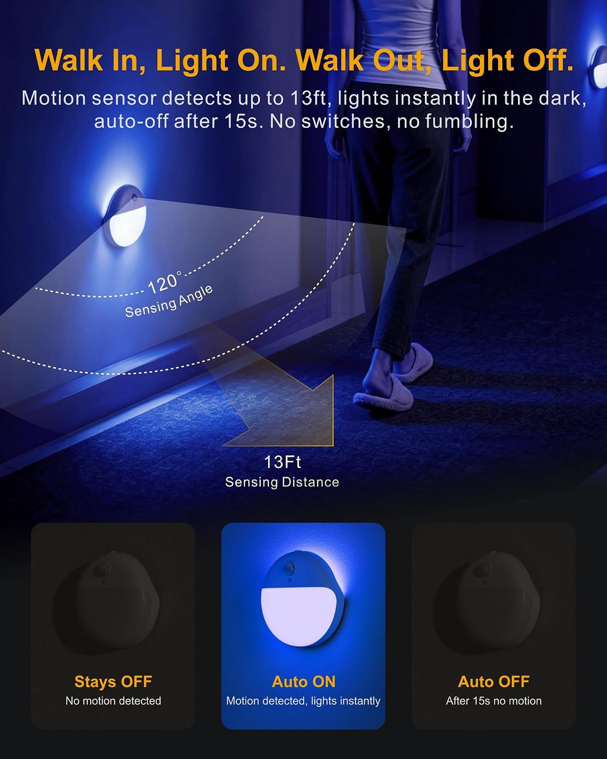 Small Motion Sensor Amber Night Light Battery Operated, Toilet Light | 2 Pack, 3 Modes, Dimmable 1-15lm, Dim Light Soft Glow, No Plug, Wireless Stick on Light for Bedroom, Sleep, Bathroom, Kids