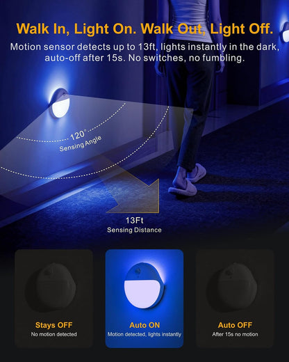 Small Motion Sensor Amber Night Light Battery Operated, Toilet Light | 2 Pack, 3 Modes, Dimmable 1-15lm, Dim Light Soft Glow, No Plug, Wireless Stick on Light for Bedroom, Sleep, Bathroom, Kids