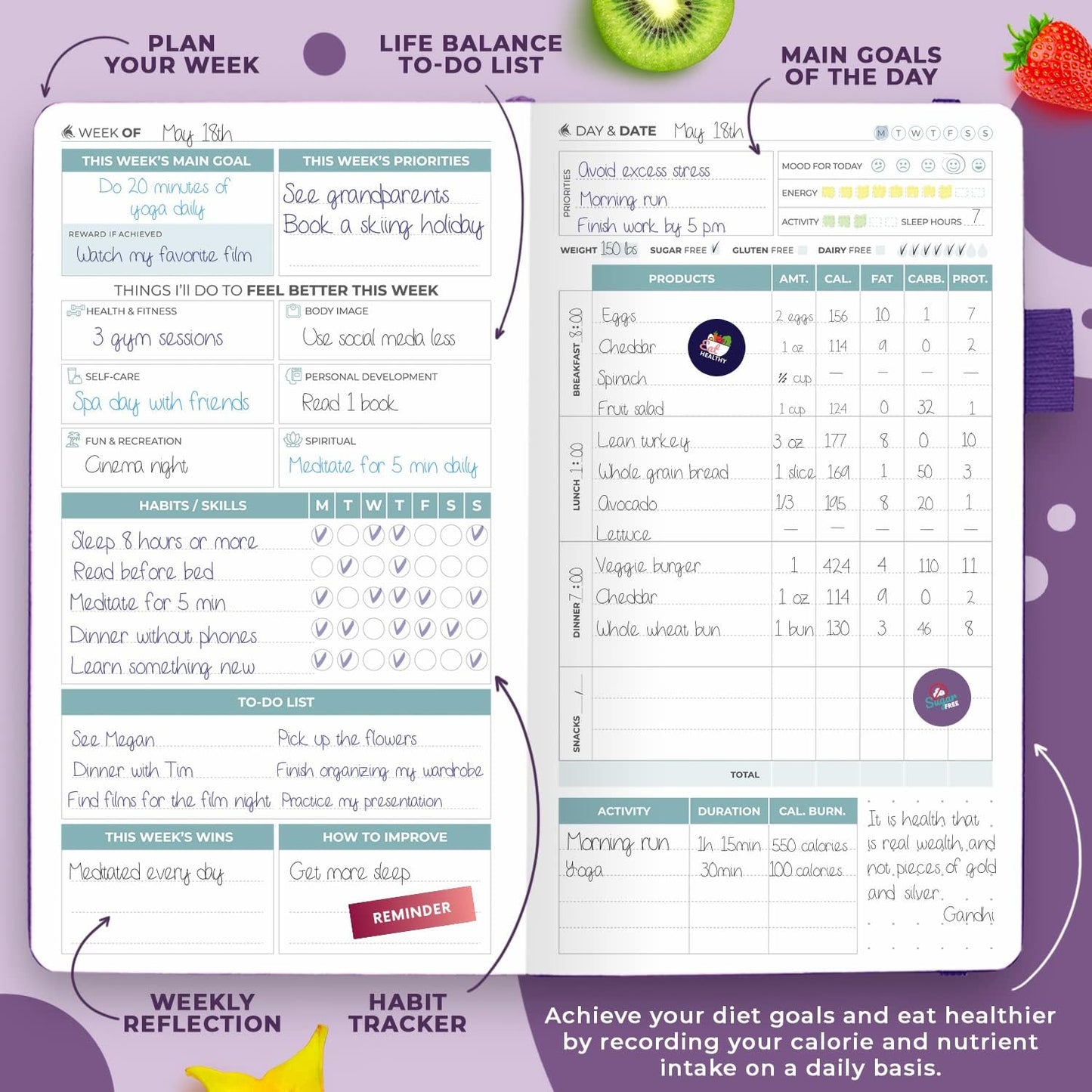 Clever Fox Wellness Planner & Food Journal for Weight Loss, A5 Orange | 5.8"x8.3" nutrition & exercise tracker for women tracking meals, diet & symptom diary, calorie counter notebook, stickers