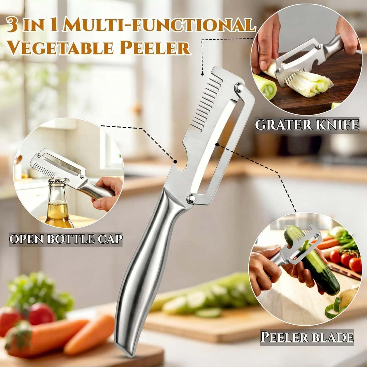 Premium Vegetable Peeler with Wooden Handle and Bottle Opener, Multi-Functional Vegetable Peeler for Fruit Pumpkin Peeling Potato and other vegetables or fruits (1pcs)
