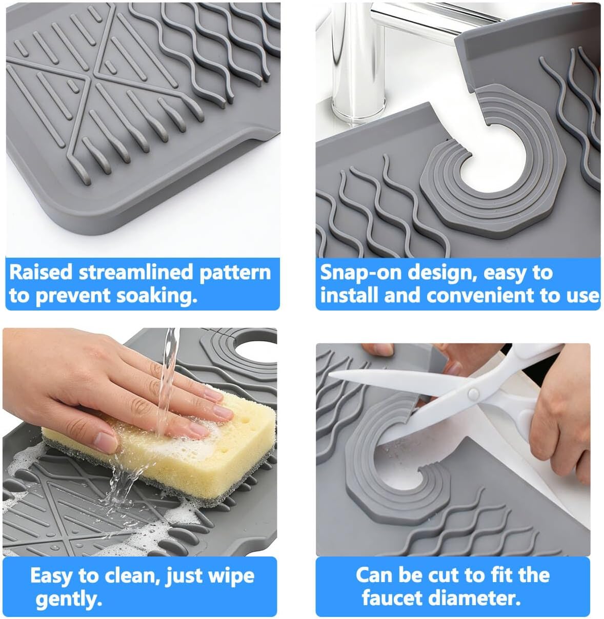 Kitchen Sink Splash Guard Gen2-30" x 6'' Silicone Sink Mat Splash Guard fit for Countertop, Bathroom,Farmhouse,RV by EBIGIC (Grey)