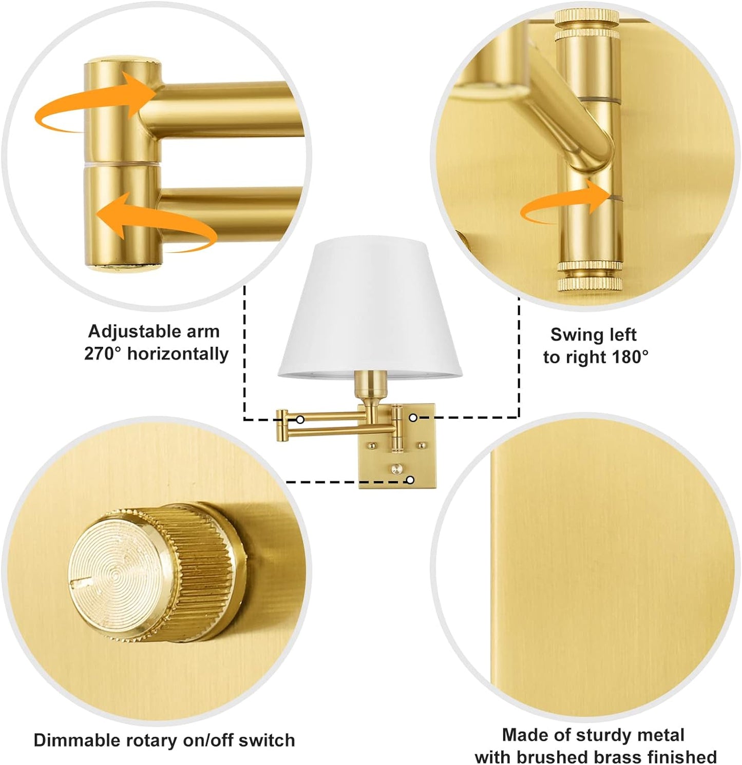 TRLIFE Wall Sconce Plug in, Dimmable Wall Sconces Set of Two Swing Arm Wall Lights with Plug in Cord and On/Off Dimmer Rotary Switch, 9.4" Medium Beige Fabric Shade(2 Pack, 2 Bulbs)