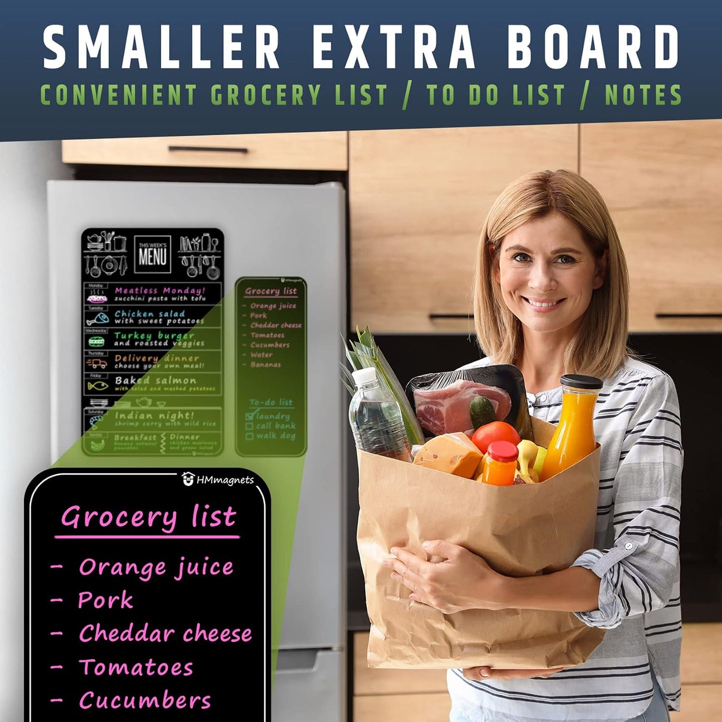 Cute 10"x16" Magnetic Dry-Erase Weekly Menu Blackboard for Kitchen Fridge (with 8 Bright Chalk Markers) & Free Bonus - Grocery/to-Do Lists Board - Daily Dinner Meal Planner Set for Home