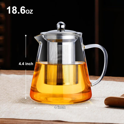 Baalaka Glass Teapot 18.6oz/550ml, Tea Pot with Removable Infusers for Loose Tea, Borosilicate Glass Tea Kettle Tea Maker Stovetop for Camping, Tea Infuser for Loose Leaf Tea Travel | Borosilicate glass tea kettle with infuser; steel strainer for loose