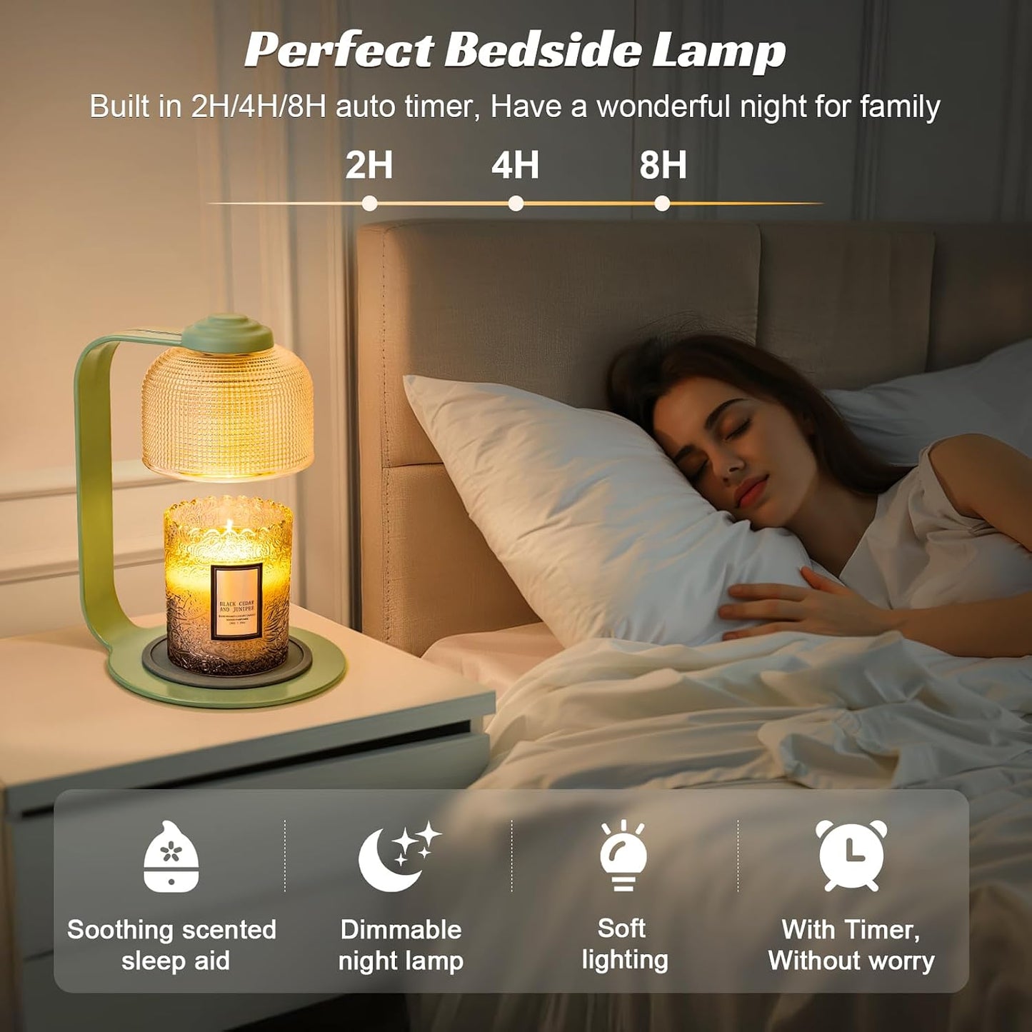 Candle Warmer Lamp with Clear Glass Globe and Timer & Dimmable Light - Jar Candle Melter Green Minimalist Metal Frame, Home Decor Gift Set (Includes 2 Bulbs)