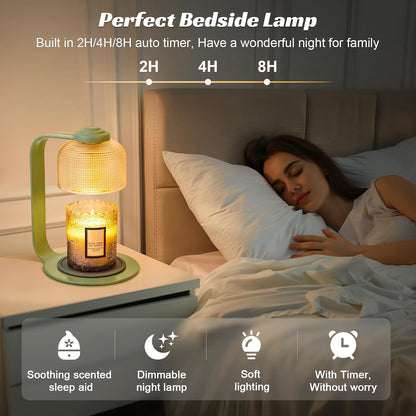 Candle Warmer Lamp with Clear Glass Globe and Timer & Dimmable Light - Jar Candle Melter Green Minimalist Metal Frame, Home Decor Gift Set (Includes 2 Bulbs)