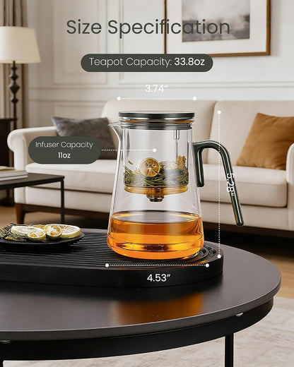 ZENS Magnetic Glass Infuser Teapot for Loose Tea, 27oz Walnut Wood Handle | Magic Teapot with Infuser, Echanted Tea Maker, Mess-Free Loose Leaf Tea Diffusers for Tea lover Gifts