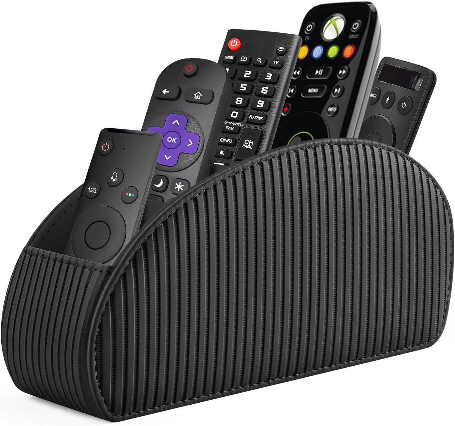 SITHON Remote Control Holder with 5 Compartments | PU Leather Remote Caddy Desktop Organizer Store TV, DVD, Blu-Ray, Media Player, Heater Controllers, Stripe Black