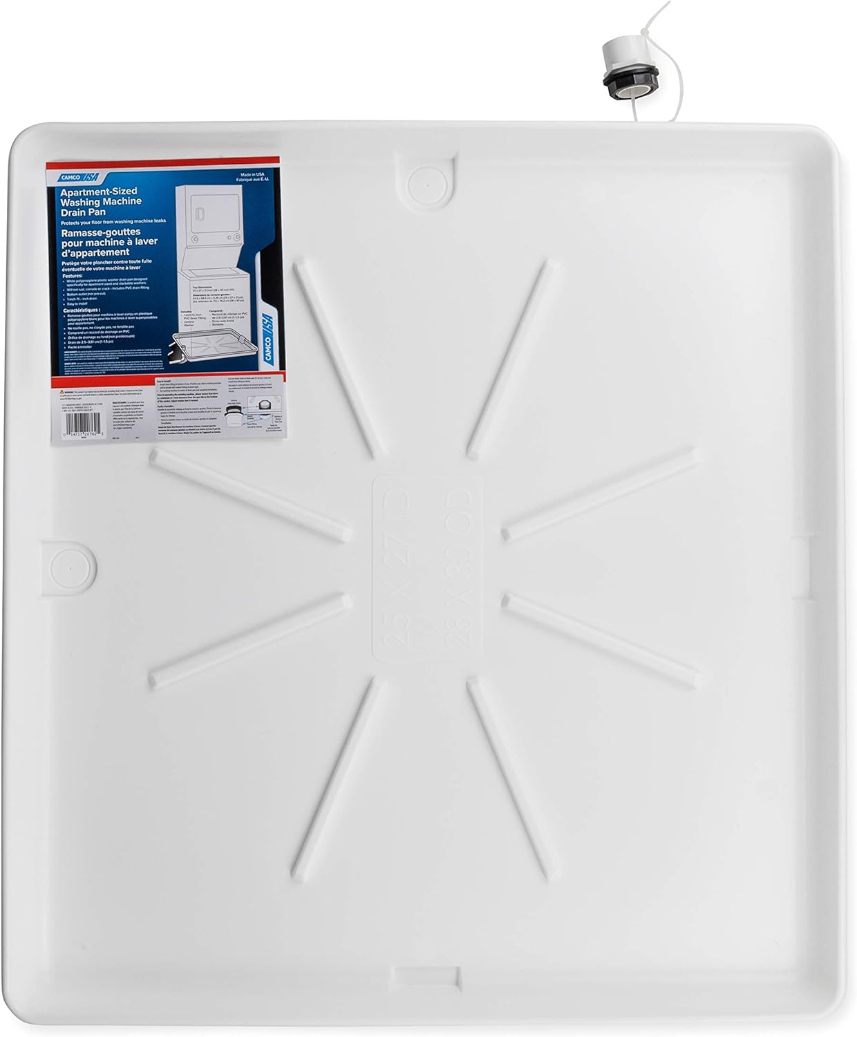 Camco Stackable Washing Machine Drain Pan - Measures 25″ (L) x 27″ (W) ID & 28″ (L) x 30″ (W) x 2 7/16″ (H) OD - Great for Apartment-Sized Washers/Stackable Units - 1"/1.5" PVC Drain Fitting (21006)