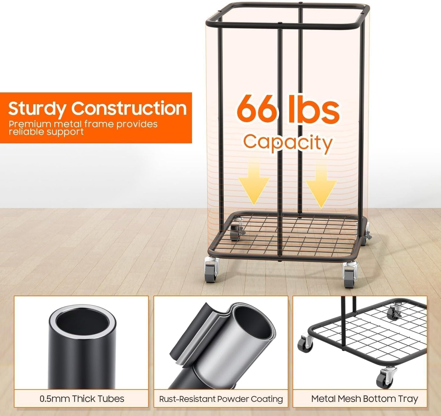 Laundry Hamper with Wheels, 150L Rolling Laundry Basket with Bag & Handles | Sturdy Metal Frame | Removable Bag | Large & Tall Dirty Clothes Hampers for Laundry Room, Bedroom, Dorm, Bathroom-Black