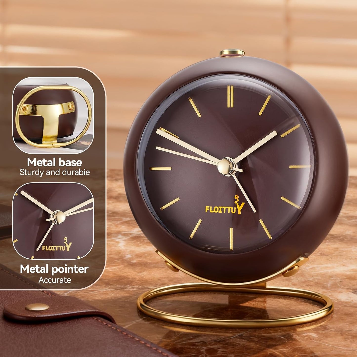 FLOITTUY Silent Table Analog Alarm Clock No Ticking, Lighted on Demand and Battery Operated, Beep Sounds, Small Desk Clock(Cocoa Brown)