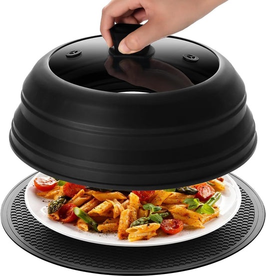 10.8 Inch Microwave Splatter Cover & Silicone Mat | Lid with Collapsible Silicone, Fits 6-10 inch Pot Plate Bowl, Dishwasher Safe, Heat Resistant, BPA-Free, Kitchen, Black